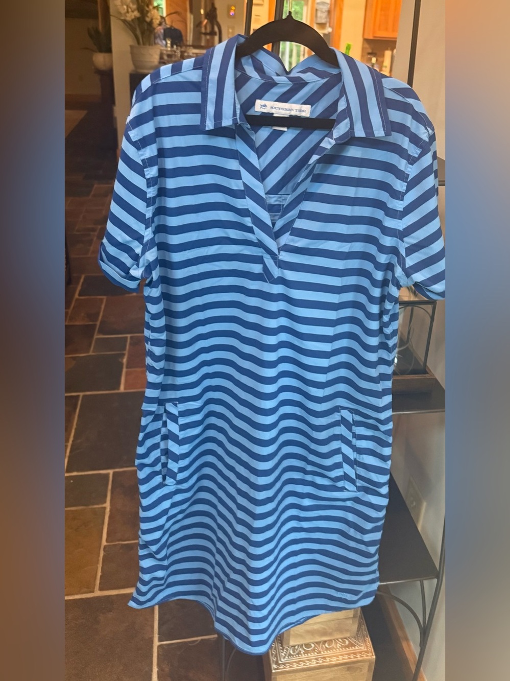 Southern Tide Blue and Navy Striped Polo Mini Dress with front pockets
